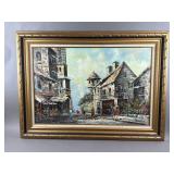 Vtg European Street Scene Oil Painting