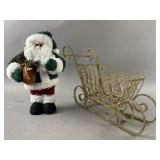 Vtg. Brass Wire Scroll Style Sleigh & Plush Santa