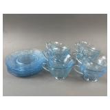 Vintage Fostoria Azure Blue Etched Cups & Plates