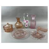 Signed Floral Vase, Pink Depression Glass & More