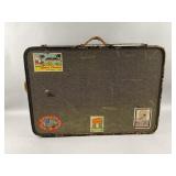 Vtg Tweed-pattern Fabric/Leather Trimmed Suitcase