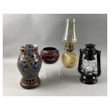 Vtg Amber Swirl-pattern Glass Oil Lamp & More