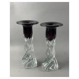 Vtg Hand-blown Art Glass Candlestick Holders