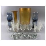 Vtg Large Amber Vase, Blue Tumblers & More