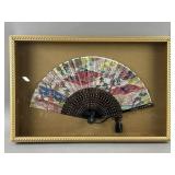 Antique Silk Ougi Hand Fan Gold Tome Shadow Box