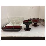 Ruby Red Glass Pieces & Lg Glass Painted Bowl