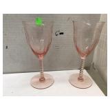 2 vintage pink depression wine glasses, chipped