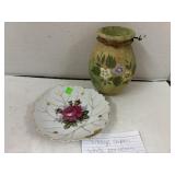 Vntg Leaf Shaped Gold Rim Dish & Flowered Vase