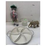 Metal Sever with Glass Plates, Doll, Elephant,