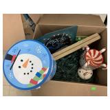 Misc box of Christmas decor, Tin, wax Warmer