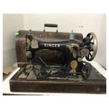 Singer sewing machine in wooden carry box, Foot