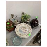 Carnival Glass Bowl, Pig Plates, Candelabra, Misc