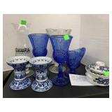 Blue Glass, Vase, Candle Holders, Dishes