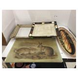 Vntg Dresser Top Mirror, set of bunny Platters,
