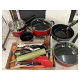 Pots & Pans, Cutting Board, & Box of Kitchen