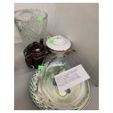 Vntg Crystal Vase, Teapots, Fruit Plates, Lace