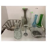 2 Metal Baskets, 2 Metal and 6 Glass Vases