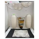 Modern Blown Glass Vase, 2 lg Vases, Doilies