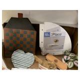 Box of misc, corner shelf, Metal Heart