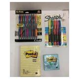 Flat of , sharpies, Post it Notes, Pens