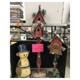3 Decor birdhouses and cement snowman