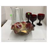 Vases, Avon Ruby Red Goblets, & Vtg Goofus Bowl