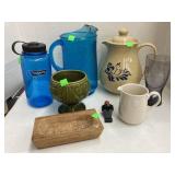 Carafe, Pitchers, Wood Tray, Vtg Green Pedestal