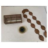 Glass Box (missing one leg), Compass?, Metal Belt