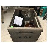 4 vintage  Jugs, Wooden Crate E.D.F