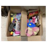 2 boxes of toys, games, water shoes, clothing,
