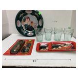 Coca Cola items Pen, Trays, & Green Glasses.