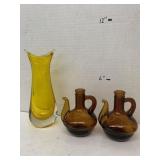 Yellow Glass Vase and 2cnt Amber-colored Pitchers