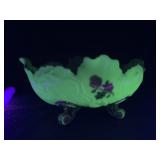 Glass Bowl with Feet, Glows, Some Cracks on rim