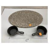 Cutting board and 2 cast iron mini pots