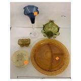 Green Glass Basket, Amber Colored Plate, Glass