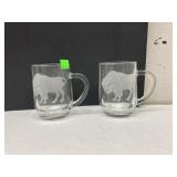 Set of etched Bison glass mugs