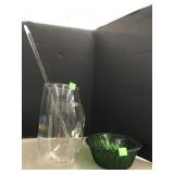 Glass Pyrex pitcher, Stir Stick and green bowl