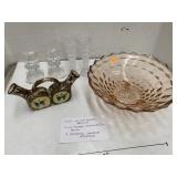 Vntg Oil and Vinegar Bottle, Pink Glass Bowl, and