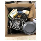 Box of Kitchen Items - Pans, Cookbooks, etc.