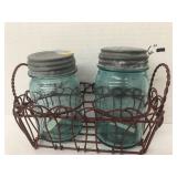 2 blue Ball Canning Jars And Metal Basket