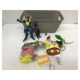 Basket of misc, toys, Keychains