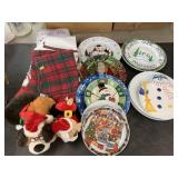 Holiday plates, tree skirt, tablecloths, &