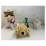 Green crackle pitcher, snowman night light, bee