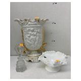 Fenton bowl, Italian vase, and L.E. Smith perfume