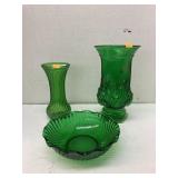 Green glassware vases and bowl