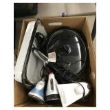 Box of Mics, Irons, Curler, Crock pot Insert