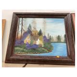 Framed, signed cottage painting (21 x 24 in)