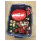 Tote w/ Lid of Christmas Ornaments, Lights, Decor