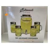 5 Pc Beverage Dispenser with Jar, Mugs, & Lids