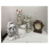 Elephant clock, cat and dog figures, & concrete
